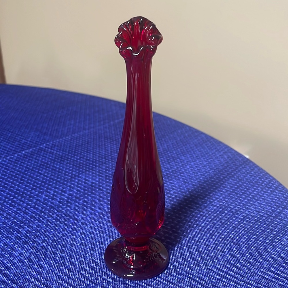 Fenton Ruby Red Inverted Strawberry Stretch Swung Mini Vase 6 1/4” Tall